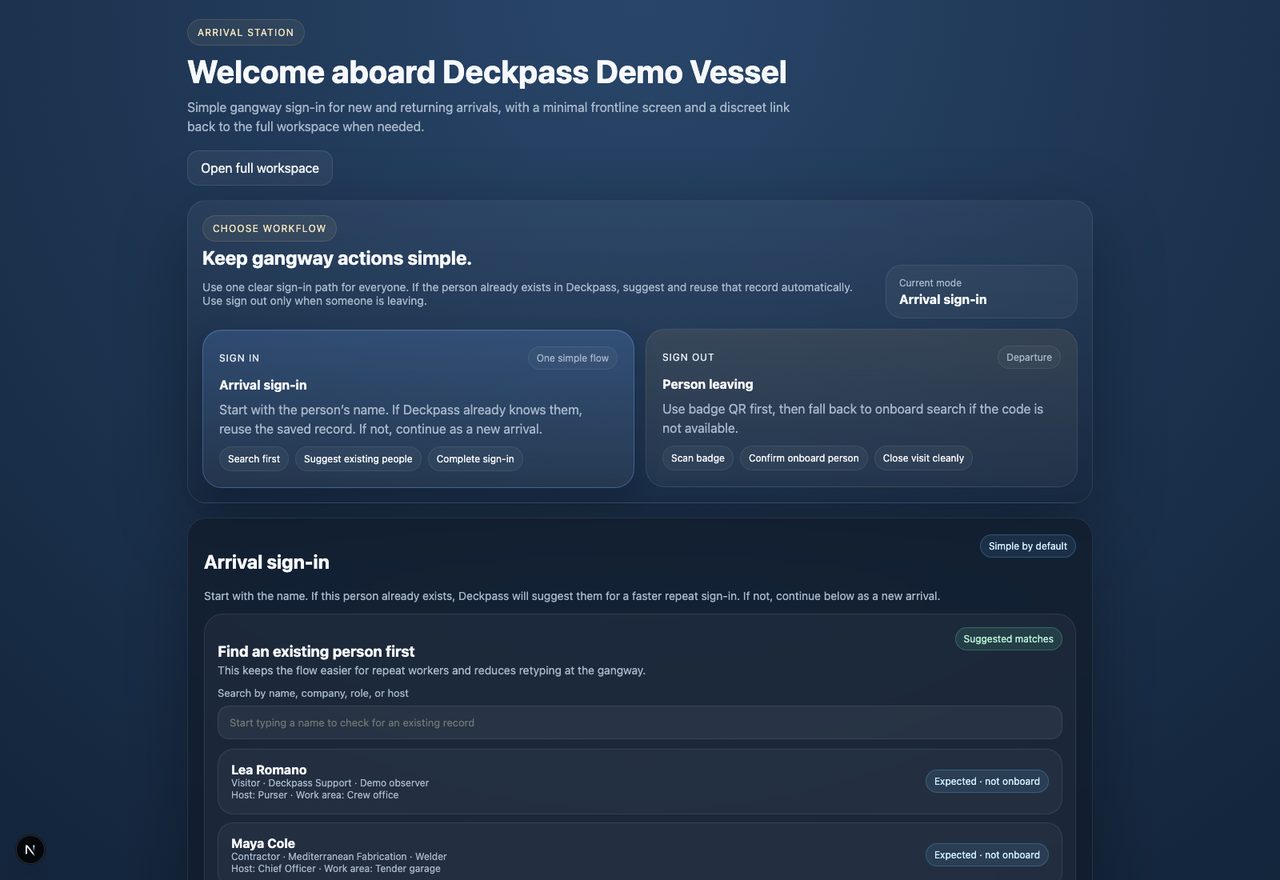 Deckpass operations dashboard showing arrival check-in, expected contractors, and live vessel workflow controls.