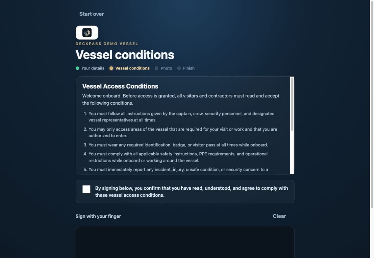 Deckpass multilingual arrival kiosk presenting vessel conditions for review and acceptance