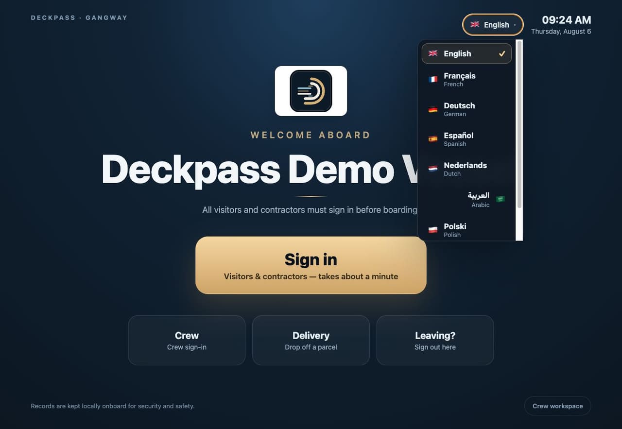 Deckpass kiosk language selector offering English, French, German, Spanish, Dutch, Arabic, Polish, and Italian.