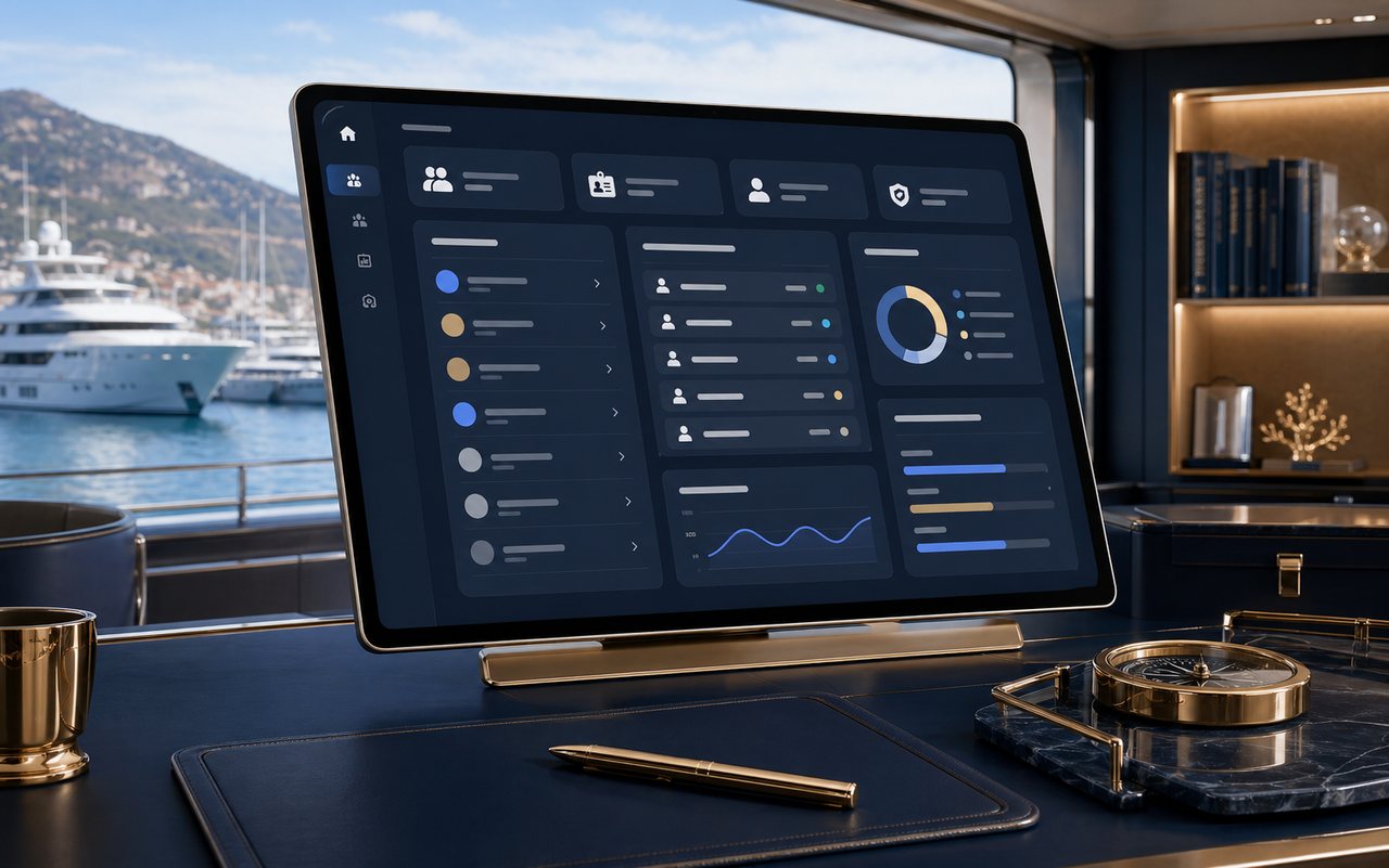 Premium Deckpass dashboard concept on a yacht management console showing arrival queue, badge status, and onboard visibility panels.