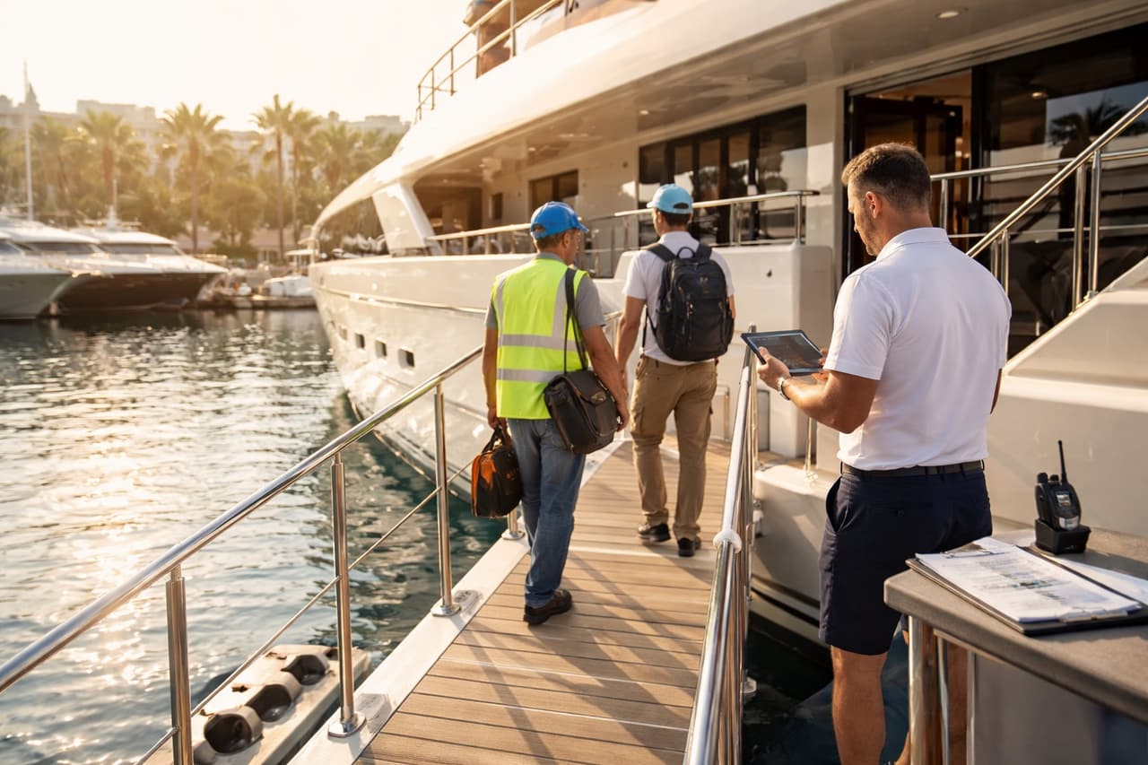 Superyacht gangway arrival scene with contractor access and boarding control at sunset.