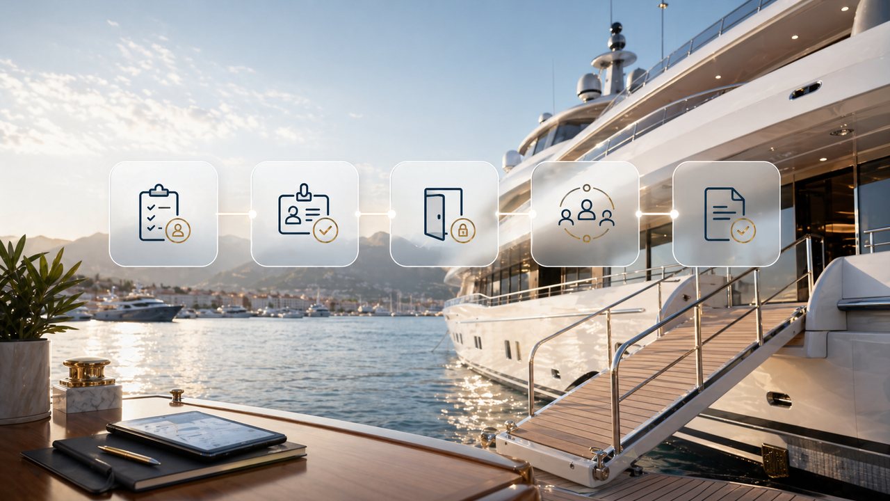 Premium superyacht gangway workflow visual showing connected arrival, check-in, access, onboard visibility, and audit stages.