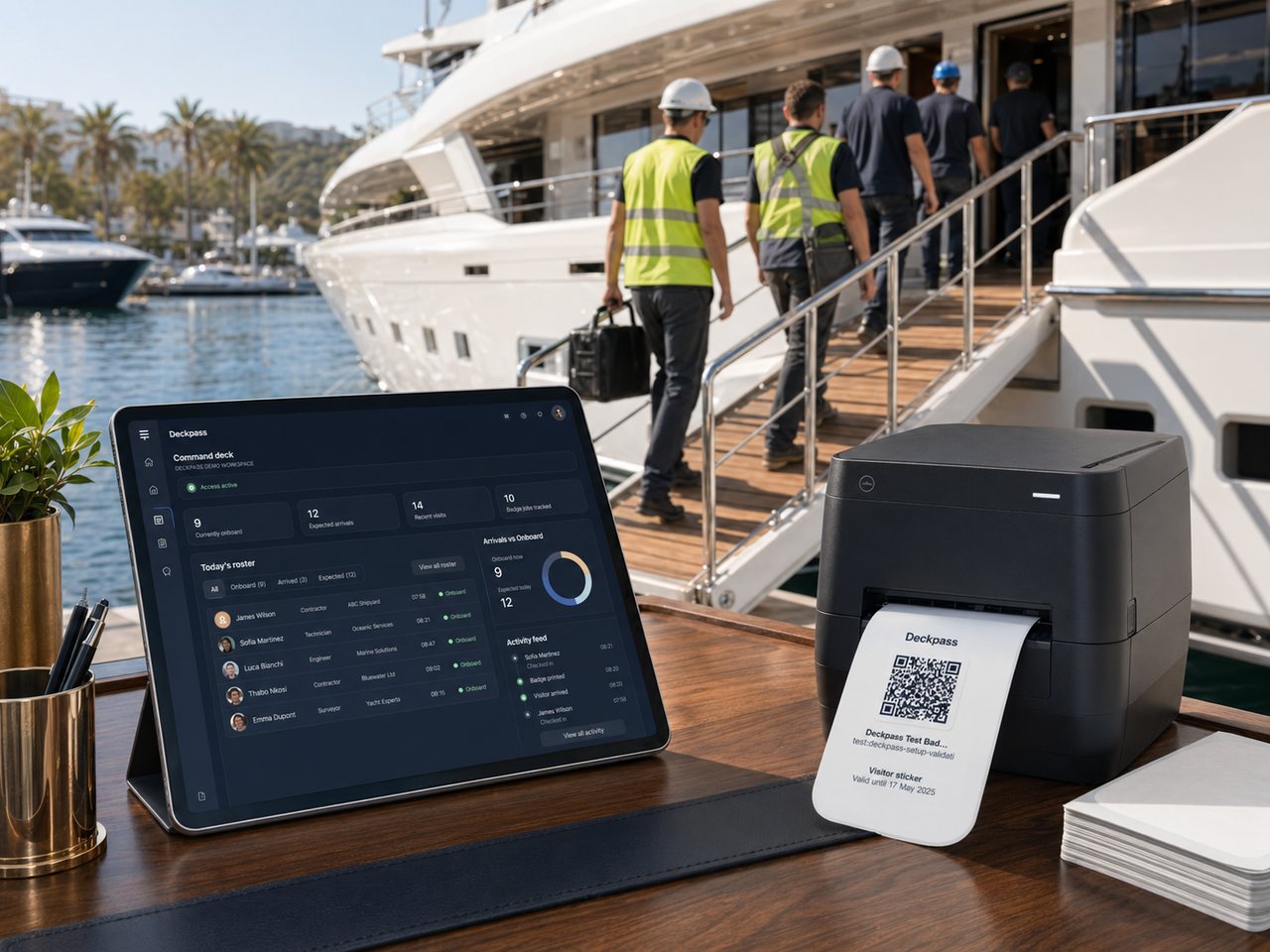 Premium superyacht yard access station with Deckpass shown on a tablet, contractor arrivals at the gangway, and a printed visitor sticker label.